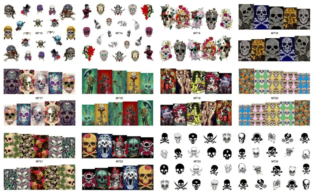 Nail Art Water Transfer Decal Sticker 12 Sheets/Lot MT13-24 Mix Skull Fashion For Art Tattoo (12 DESIGNS IN 1)