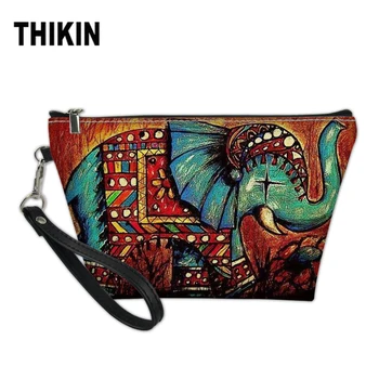 

THIKIN Cosmetic Bag for Make Up Retro Art African Owl Elephant Animals Printing Makeup Pouch PU Leather Cosmetic Storage Box