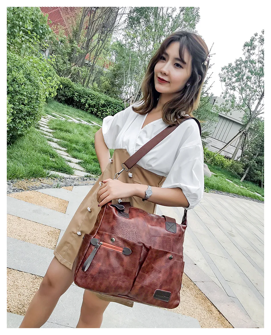 Multi-pocket Casual Large Capacity Women Tote Shoulder Bag PU Leather Ladies Handbag Messenger Bag Soft Shopping Crossbody Bag