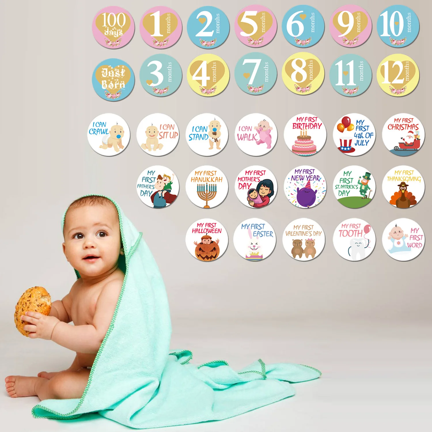 

30PCS Cute Self-adhesive Milestone Monthly Stickers Photo Photography Props for Newborn Infant Toddlers Baby Boys Girls