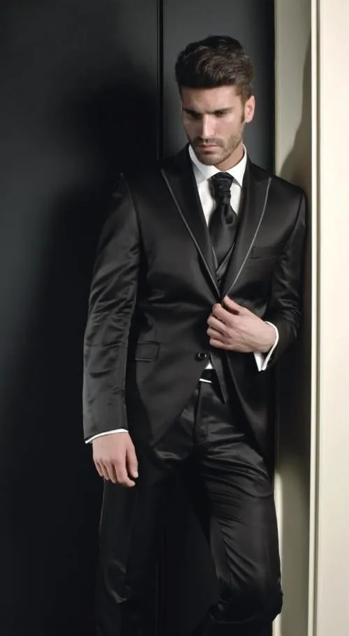 

New Arrival Groom Tuxedo Shiny Black Groomsmen Notch Lapel Wedding/Dinner Suits Best Man Bridegroom (Jacket+Pants+Tie+Vest) B514
