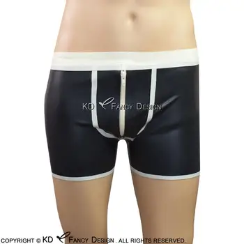 

Black And White Trims Sexy Latex Boxer Shorts With Front Zipper Rubber Boy Shorts Underpants Underwear Pants DK-0103