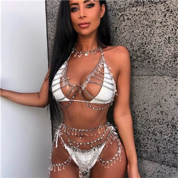 Crystal Bra Chain Patchwork Rhinestone Swimsuit Women Two Piece Set Summer Beach Push Up High Waisted Bathing Suits Neon Bikini - Цвет: Gold