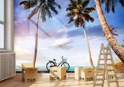 [Самоклеющиеся] 3D кокосовой пальмы пляжный велосипед 7 настенная бумага настенной печати настенные наклейки