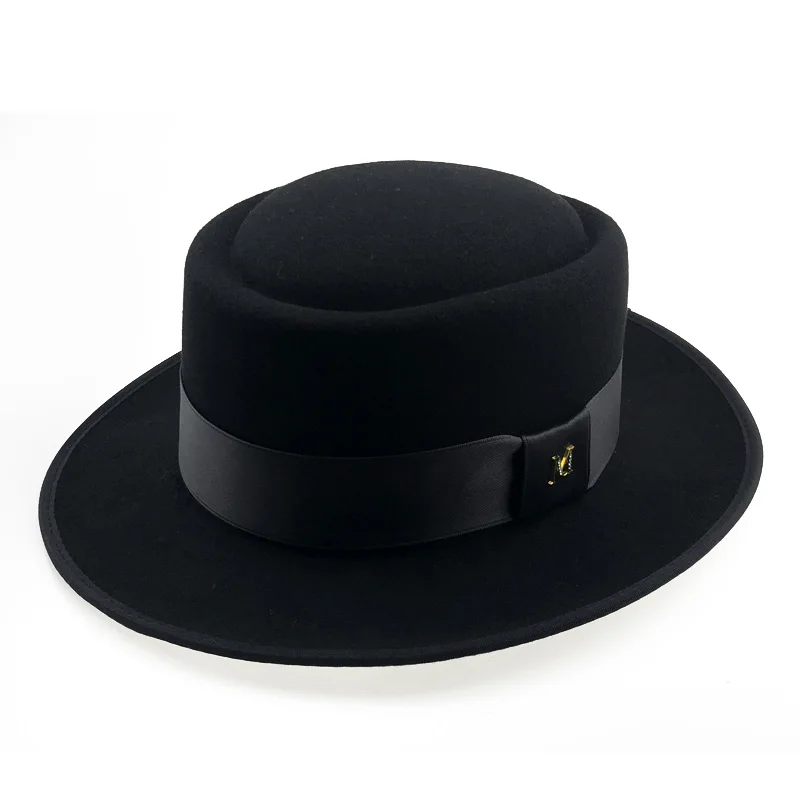 60 см фетровая шляпа для мужчин, осенняя фетровая шляпа из свинины, крушаемая шапка, зимняя фетровая шляпа Walter, Ретро стиль, Классическая церковная шляпа Trilby YY18110 - Цвет: Black Pork Pie Hat