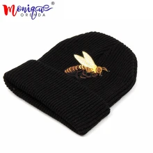 Женские зимние шапки шерстяные вязаные шапочки Женские вышивка пчела теплые Skullies шапки мужские однотонные унисекс Кепка gorros bonnet