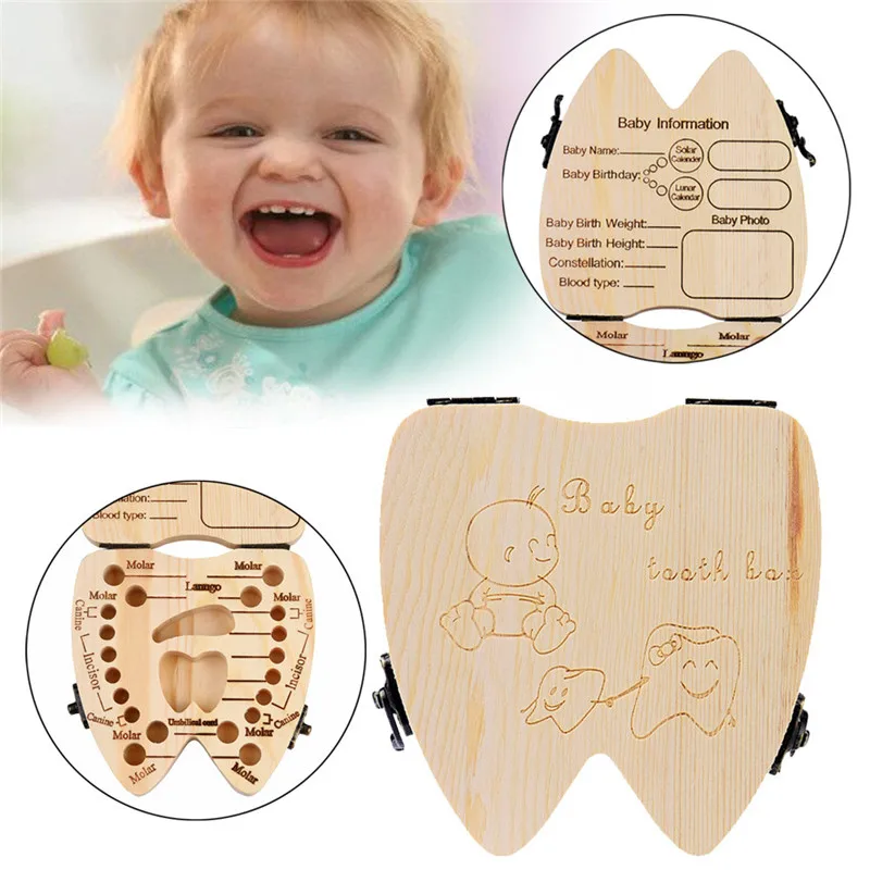 

New Tooth shape Box Organizer for Baby Milk Teeth Save Wood Storage case Lanugo Collecting Teeth Gift Spanish/English drop ship