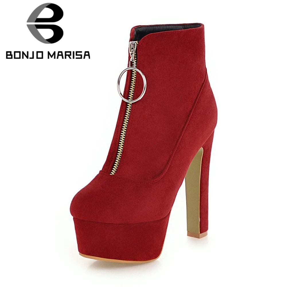 

BONJOMARISA New Fashion High Heels Flock Zip Round Toe Platform Shoes Woman Casual Party Winter Ankle Boots Plus Size 34-47