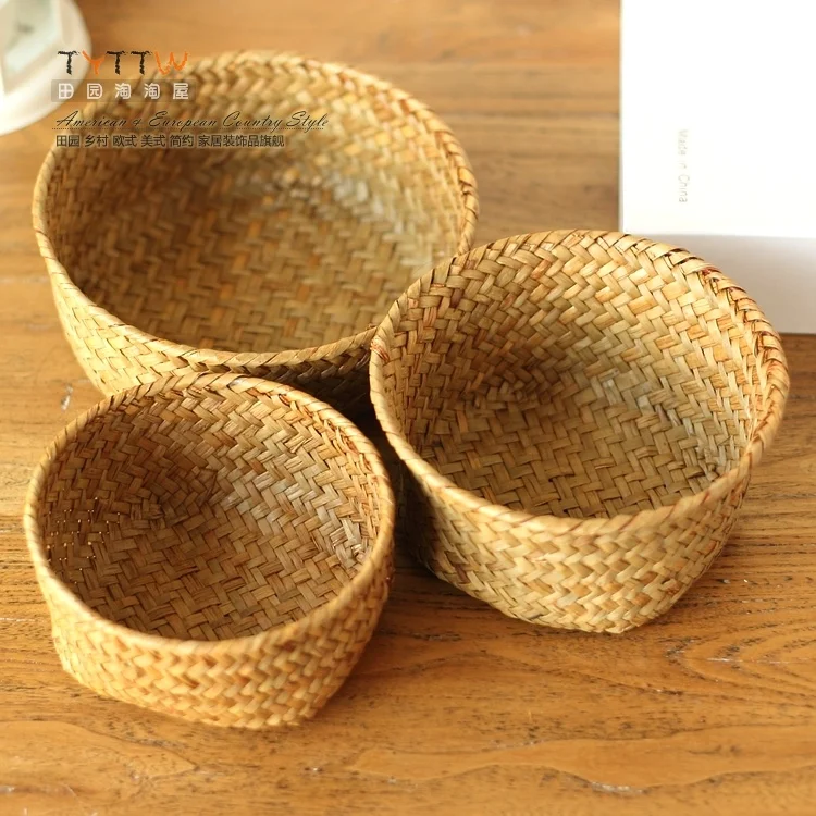 Mini cestas de paja para almacenamiento, organizador redondo hecho a