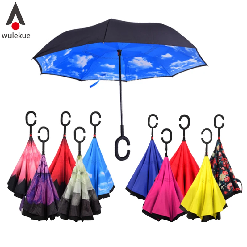 

Travel Windproof Reverse Folding Double Layer Inverted Umbrella Self Stand Inside Out Rain Protection C-Hook Hands For Car