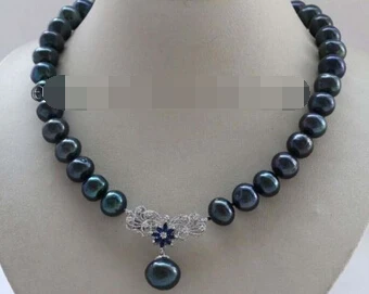 

Jew2602 Natural 12-14mm Black Round Pearl Necklace Pendant 925silver clasp