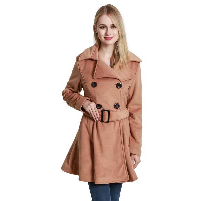 Winter Coats Women Swing Double Breasted Wool Pea Coat Girls Mid-Long Long Sleeve Lapel Trench Outwear Belt Buckle Slim Coats Coats