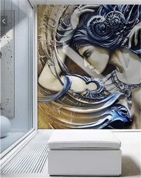 

Custom Wallpaper 3d Three-Dimensional Relief Blue Long Hair Beauty Indoor Porch Background Wall Decoration Mural Wallpaper