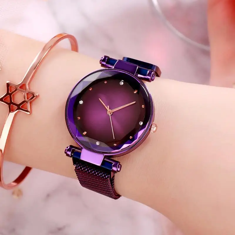 Звездное небо часы женские магнитные наручные часы водонепроницаемые Стразы relogio feminino montre - Цвет: Фиолетовый