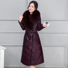4XL Big Fur Collar Women Winter Coat 2018 New Faux Leather Female Jacket X-Long Warm Women Outwear Parkas Slim Snow Wear qx428
