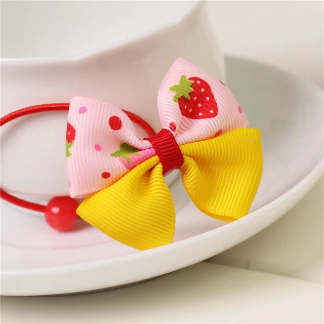 Strawberry pink cute child girls hair ties elastic tiara bows satin