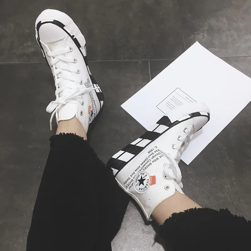 

2019 new Korean women's canvas shoes black and white chessboard vulcanized shoes high to help wild INS women's shoes