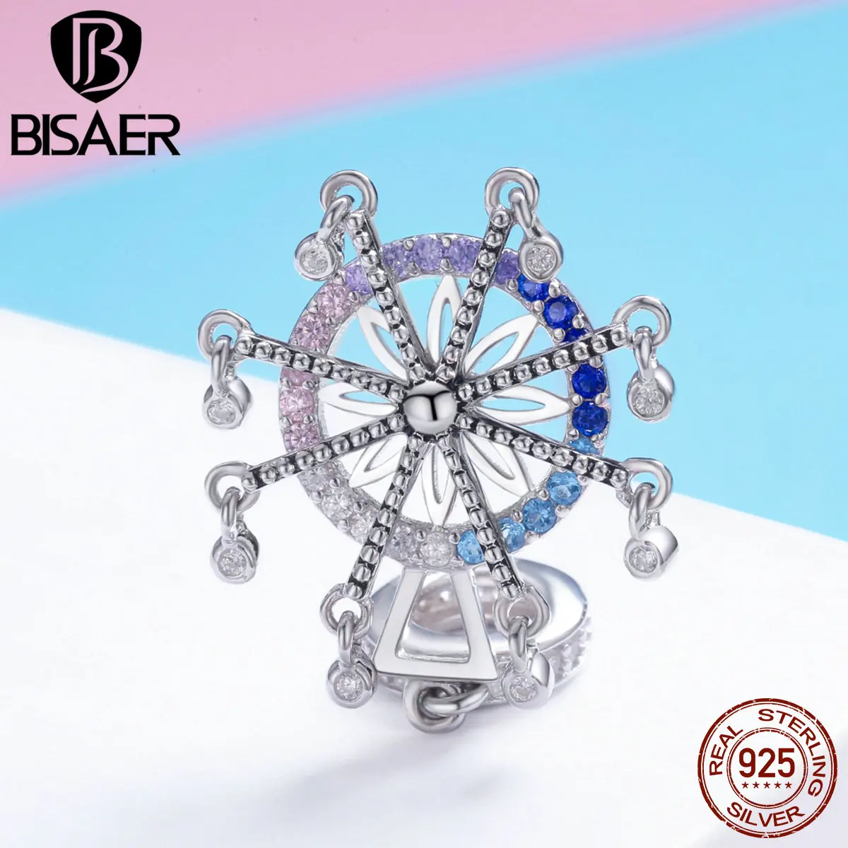 

BISAER New Collection 925 Sterling Silver Ferris Wheel Colorful Enamel Charm Beads fit for Women Bracelets DIY Jewelry ECC869