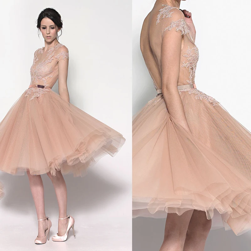 

New Fashion Romantic Cheap Short Tulle Champagne Cocktail Dresses With Open Back Knee Length Party Dress For Prom Night