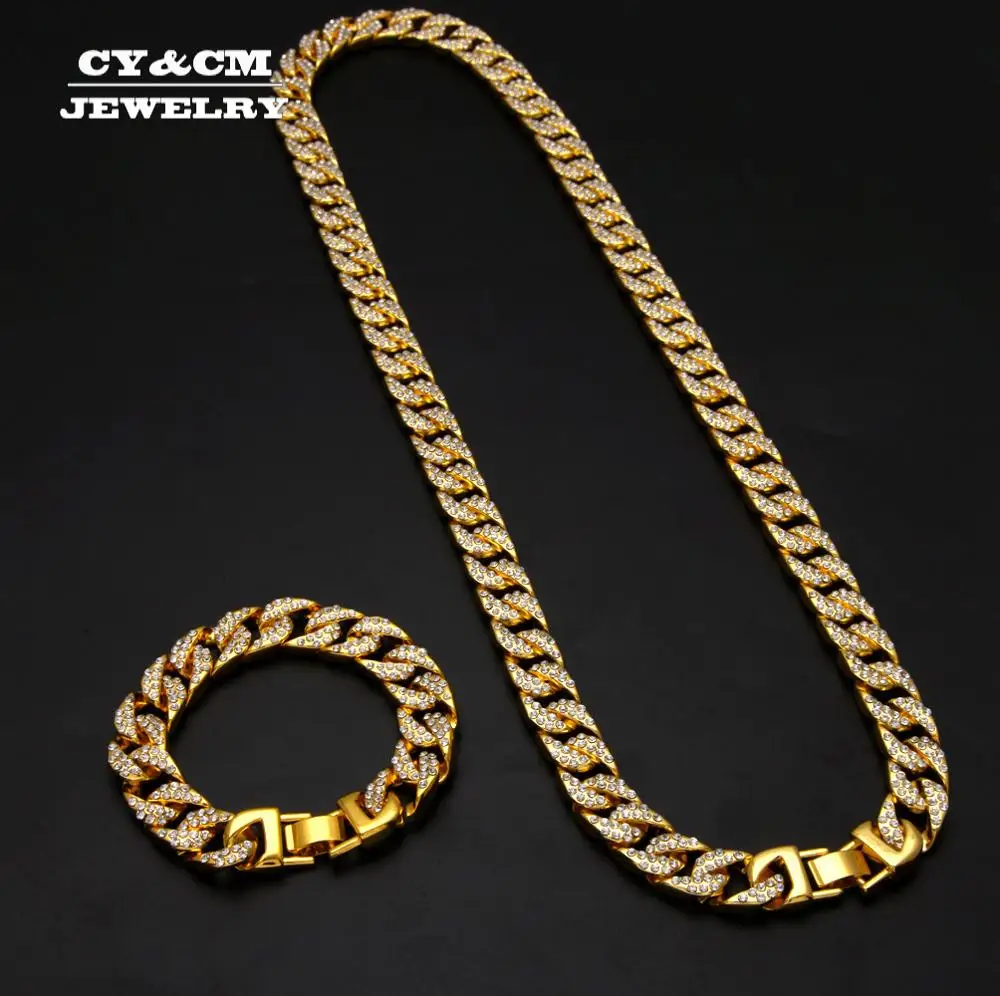 

Hip Hop Iced Out Miami Cuban Link Chain for Mens Bling Crystal Rhinestone CZ Rapper Gold Silver Color Necklace Jewelry Bracelets