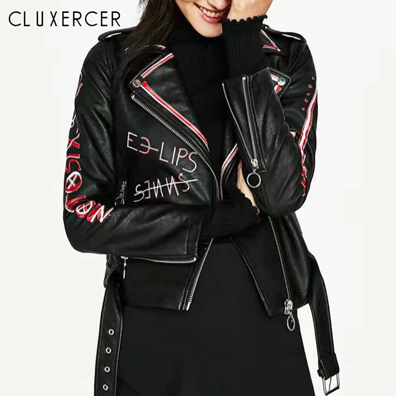 

New Loose PU Faux Leather Jacket Women Casual Graffiti Long Sleeve Moto Biker Jacket Lady Spring Autumn Basic Coat Outerwear