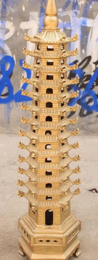 

38" Chinese Religion Bronze Dragon Buddhism Buddha Stupa Pagoda Tower Statue