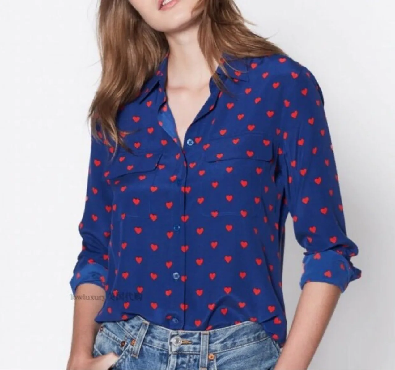 

Blue Bottom Love Silk Shirt Soft Sand Wash Love Print Silk Double Pocket Shirt Women Tops and Blouses Women Shirt