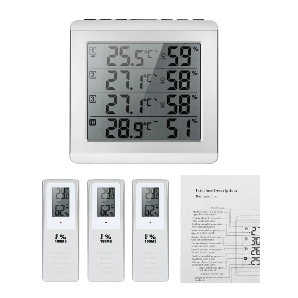 

LCD Digital Wireless Indoor Outdoor Thermometer Hygrometer Four channel Temperature Humidity Meter Weather Station Clock