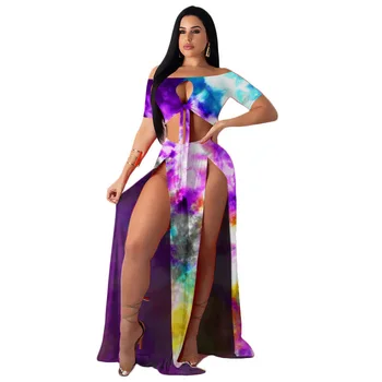 

Sexy Rainbow Tie Dye Two Piece Set Slash Neck Women Festival Clothing Crop Top And Slit Maxi Skirt Summer 2 Piece Club Outfits