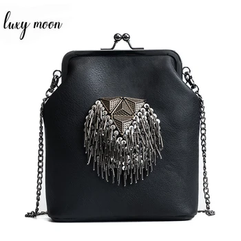 

Vintage Messenger Bag for Women PU Leather Metal Tassel Fashion Frame Clutch Bag Punk Style Crossbody Chains Shoulder Bag ZD1256
