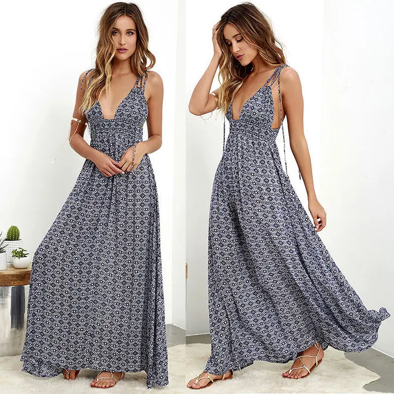 

Women Summer Floral Print Long Maxi Dress 2019 Boho Beach Dress Ladies Sleeveless V-Neck Strap Sundress