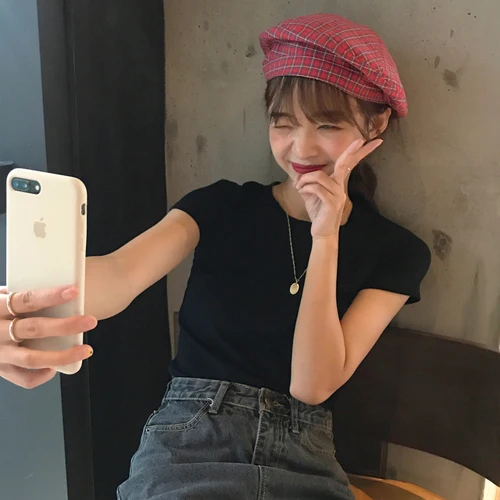 

Slim Elastic O-neck Basic Solid Casual College Wind School Preppy Style Street 2019 Summer Short Sleeve Female Women T-shirts