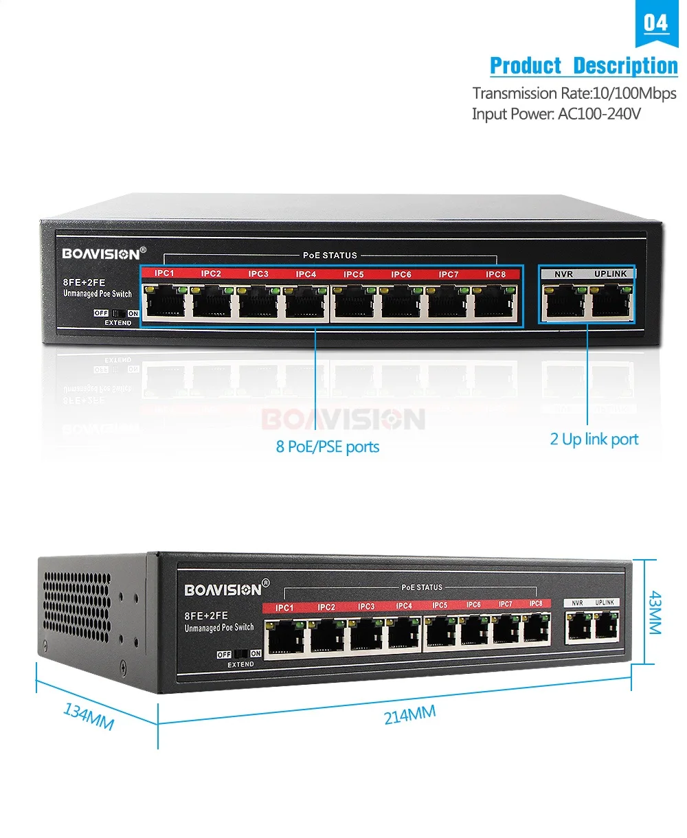 С 8 портами PoE коммутатор адаптер 8+ 2 порта настольный Быстрый Ethernet переключатель IEEE802.3af/at 104 Вт для CCTV сети IP Камеры POE питание