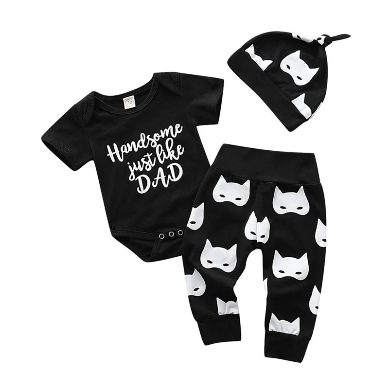 

0-18M New Born Set Cute Baby Boy Clothes Cotton Monster Print Baby Rompers Outfit Toddler Kids Black Long Pants Hats Boys Set