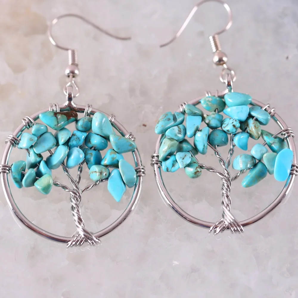 

Free Shipping Tree of life - Natural Stone Beads Green Howlite Zinc Alloy Wire Wrap Round Earrings 1Pair U367