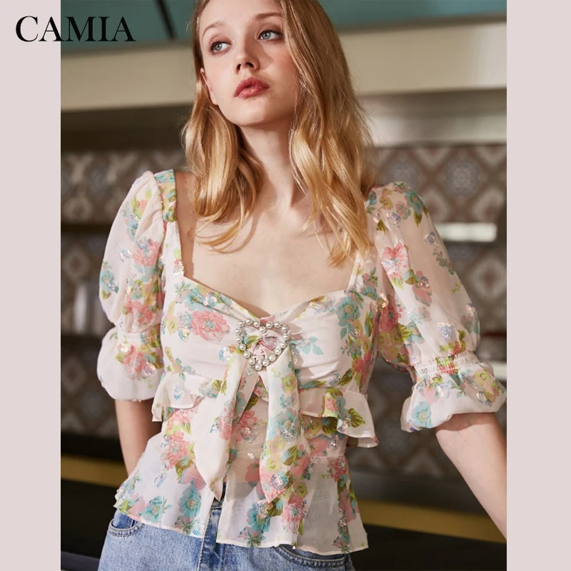 

CAMIA sexy mini sequin embroidery printed chiffon women's shirt half sleeve bow pearl button shirt female summer dress
