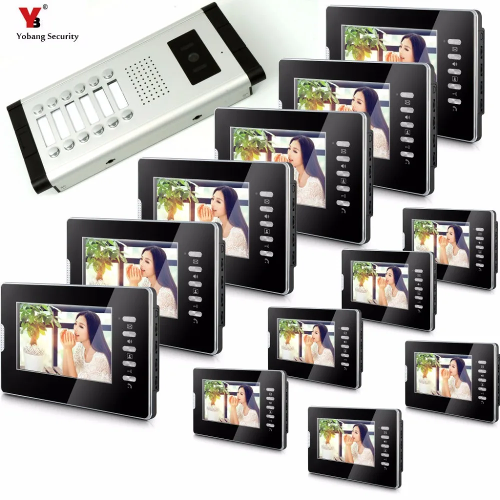 Yobang Security Apartment Intercom Entry 12 Monitor Wired 7\ Color button Video Door Phone intercom System for 12 house