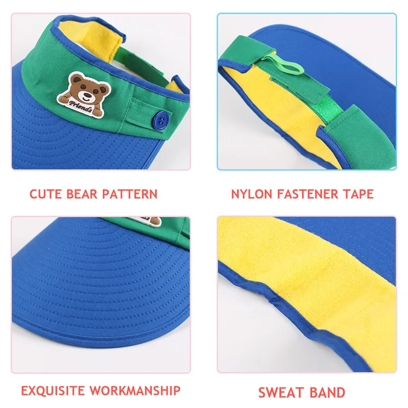 Empty Visor Hat Kids Boys Summer Sun Hats Toddler Girls Wide Brim Beach Cap Adjustable Size with Cute Bear Floppy Hat UV Protect (3)