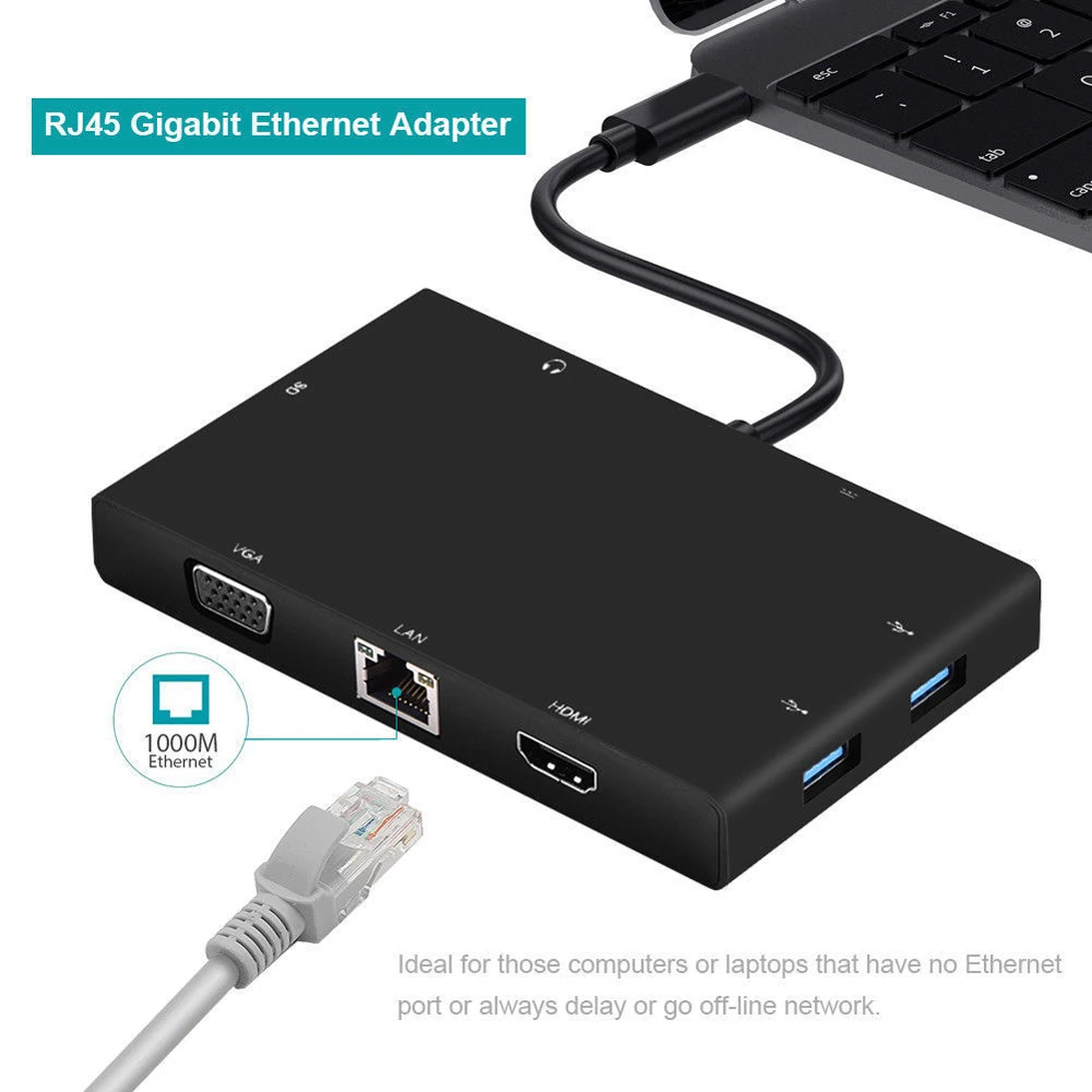 

8in1 Type-C To Dual USB 3.0 HDMI VGA RJ45 PD Charging Adapter SD Card Reader