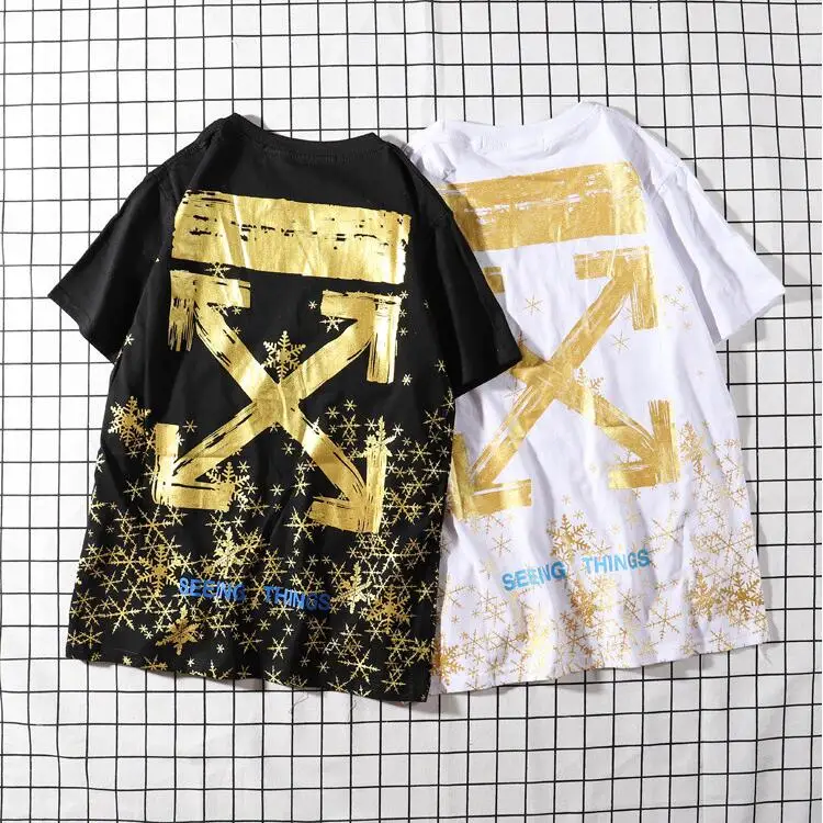 

Splashing ink Gold arrow 19SS Off-White OW Men/Women Couple Lovers models Cotton Fashion Casual Short sleeve Round neck T-shirt