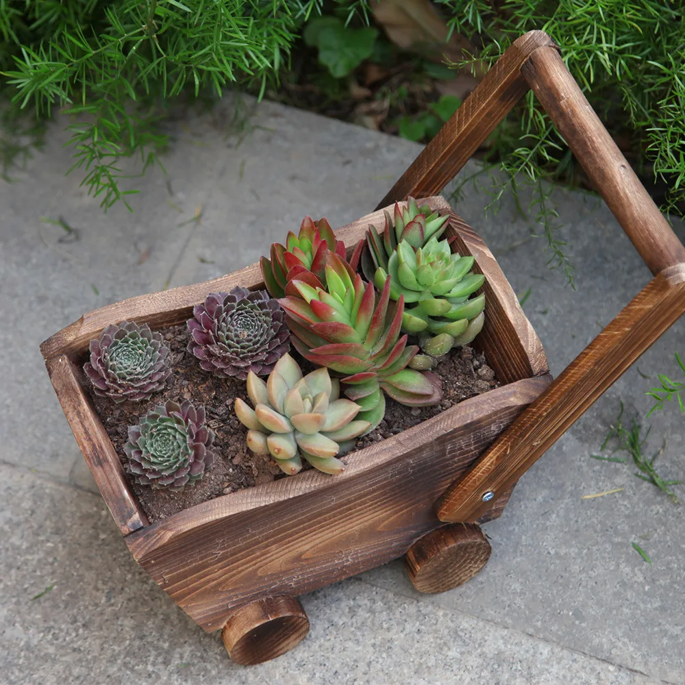 Caioffer Handmade Wooden Pot Floor Stand Mini Flowerpot For Cactuses Succulent Flowers Plant Cartoon Cart Style Bloempot 37*17cm