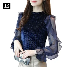 

EvelingAsky Dark Blouses for babes 2018 velvet with long Mesh splicing sleeves Casual For women Tops elegant ladies blouse 3802#