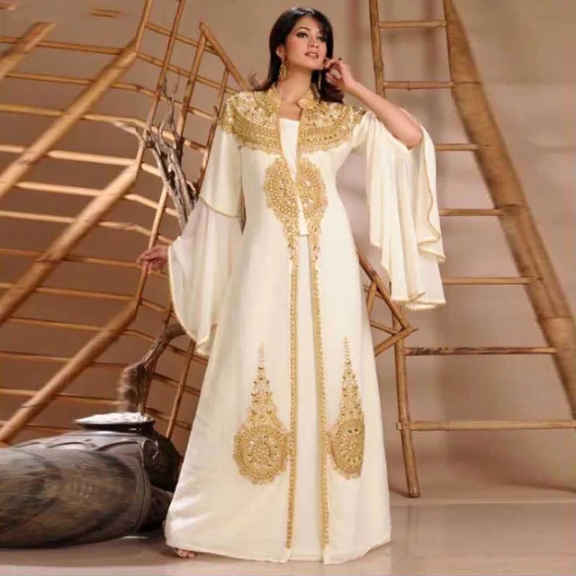 2015 Robe De Dubai White Chiffon Muslim Evening Dress Gold Beaded