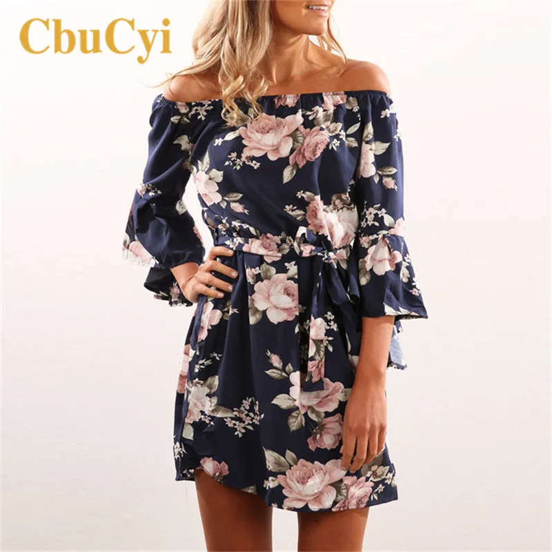 

CbuCyi Women Summer Dresses Slash Neck Tunic Beach Dress Floral Print Flare Sleeve Mini Sundress Women Clothing Backless Dresses