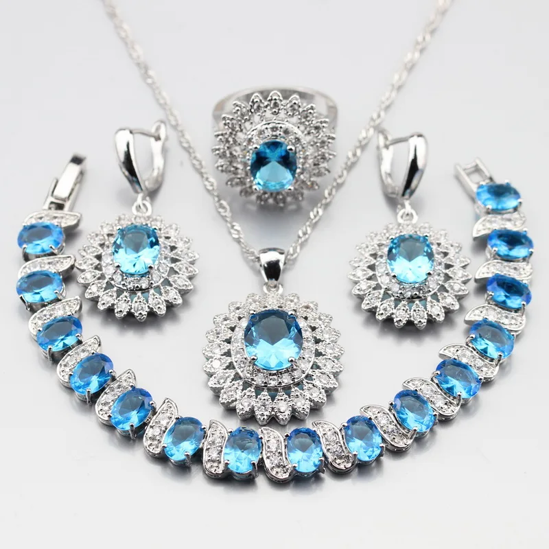 Manny 4PCS Earring Ring Pendant Necklace Bracelet Silver 925 Light Blue Crystal Fawless Jewelry