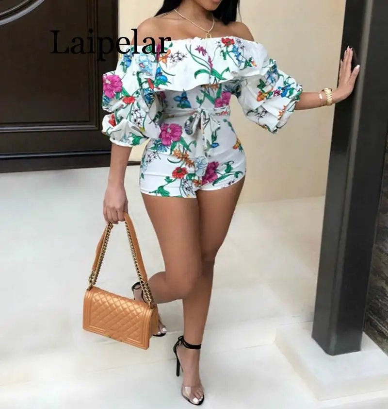 Laipelar Ruffle Off Shoulder Sexy Playsuit Backless Summer Body Femme Boho Beach Overalls Bodycon Shorts Rompers Women Jumpsuit