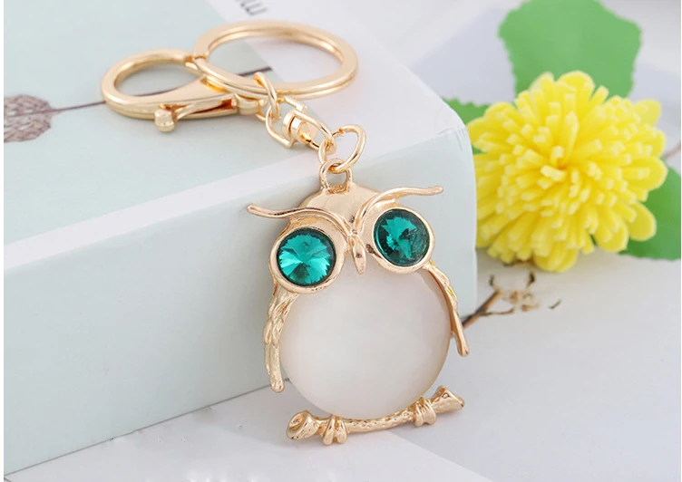 

metal owl keychain shiny crystal eyes handbag&car decoration keyring light gold Chaveiro colorful stone animal pendant Kc95111