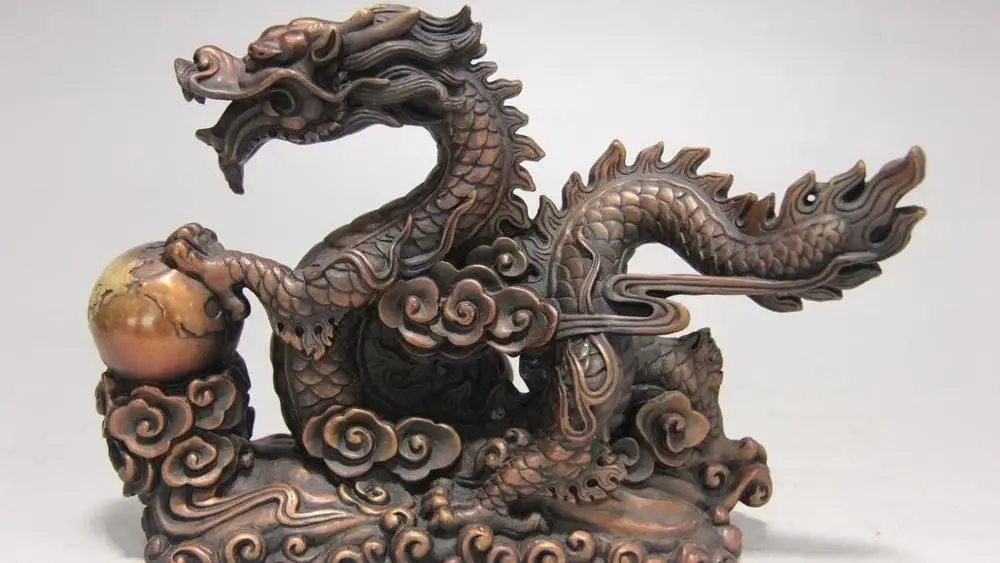 

Chinese Myth red bronze Copper Feng Shui Fly Dragon Play Bead god Beast Statue