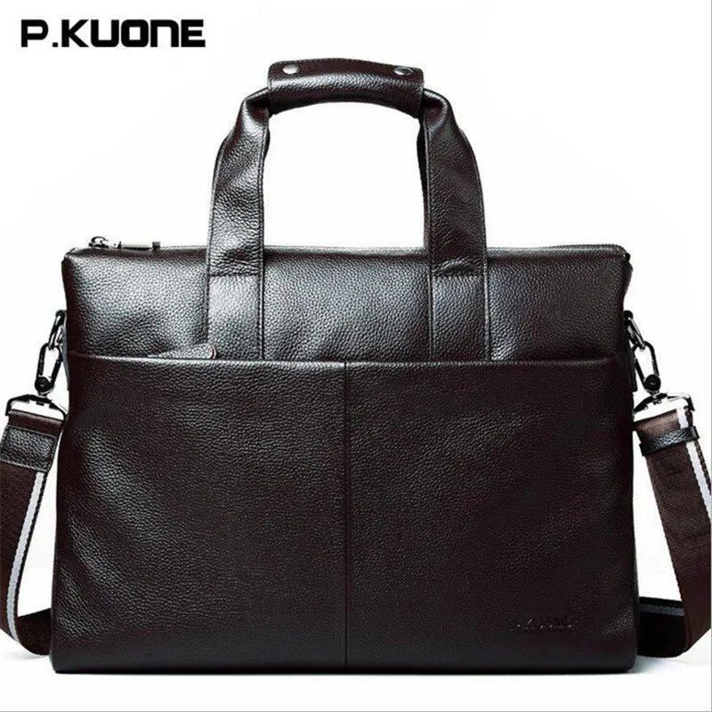 2017 P.KUONE Business Men's Handbags Cow Leather Men Office Bags Casual