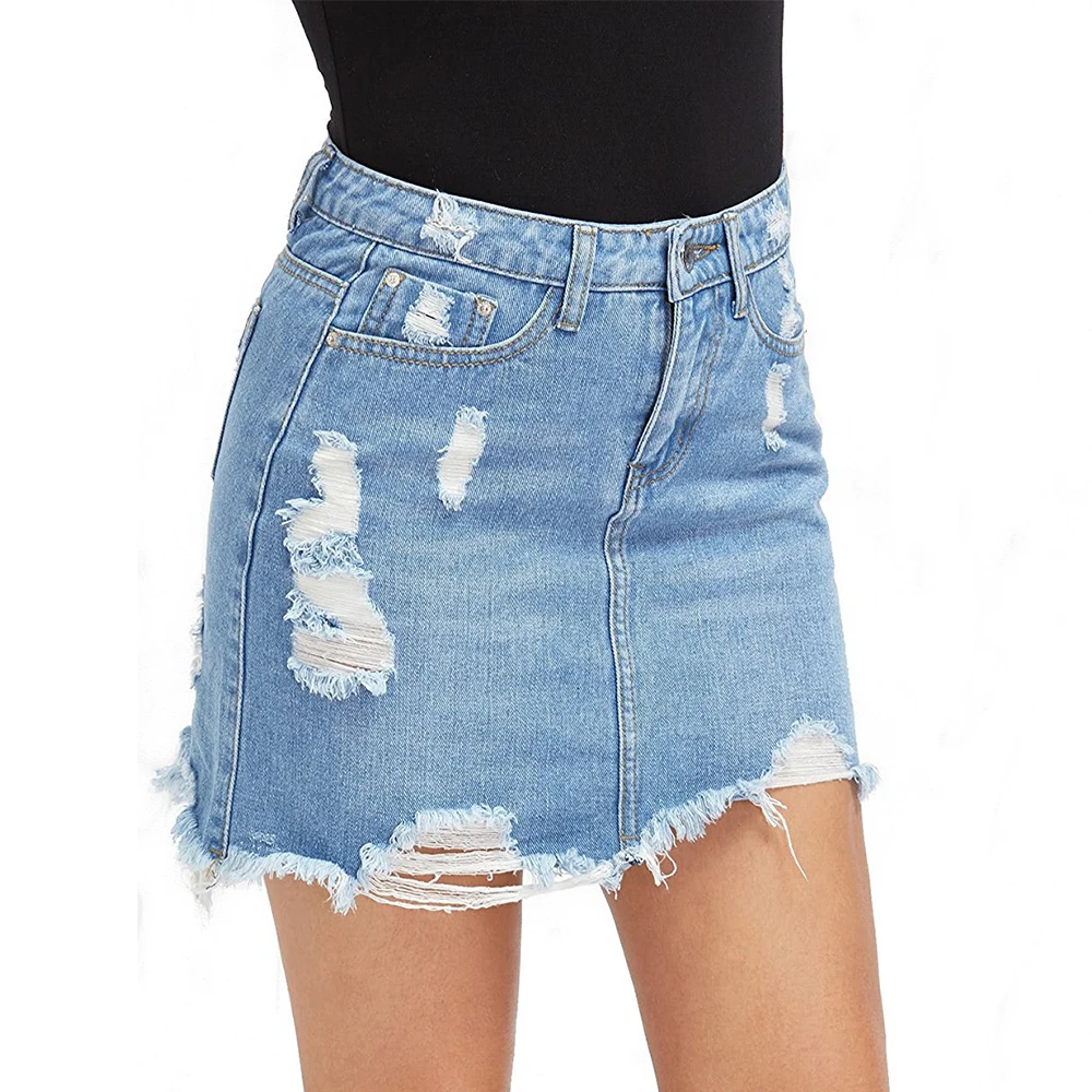 Women Blue Ripped Casual Mini Denim Skirt Summer New Bodycon Women Skirt Basic Pocket Jeans Skirt Mid Waist Skirt CALOFE